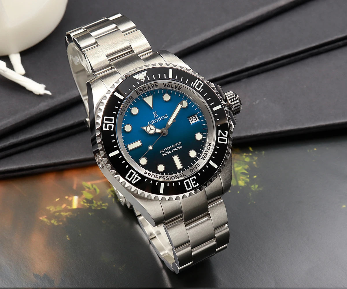 Cronos Automatic Diving Watch Stainless Steel 2000Meters Water Resistance Professional Diver PT5000 SW200 Miyota9015 90S5 L6027M