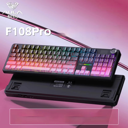 Tastiera meccanica AULA F108 PRO personalizzata layout 100%, retroilluminazione RGB, wireless Bluetooth, switch HiFi, tastiera gaming