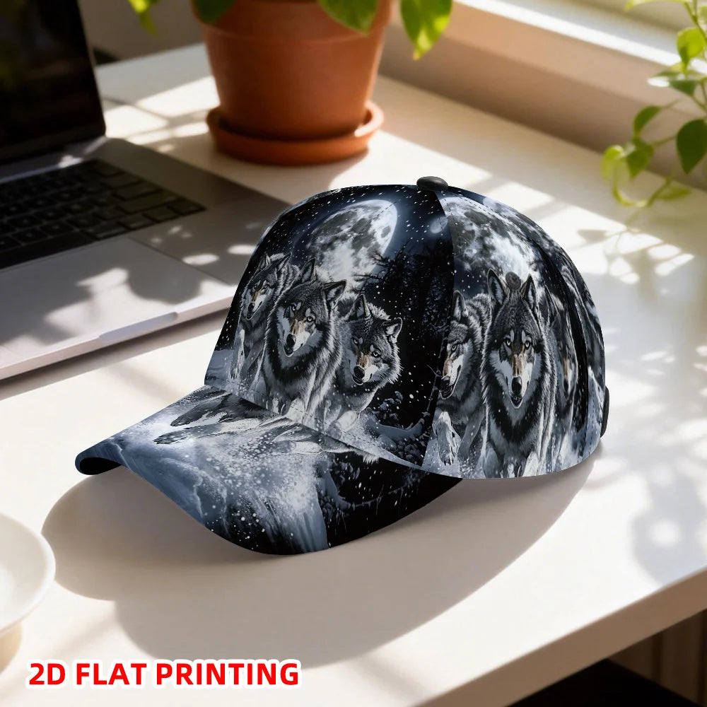 Boné de baseball clássico com estampado plano 2D de lobos sob a lua cheia, chapéu leve ajustável com pala estilo duckbill
