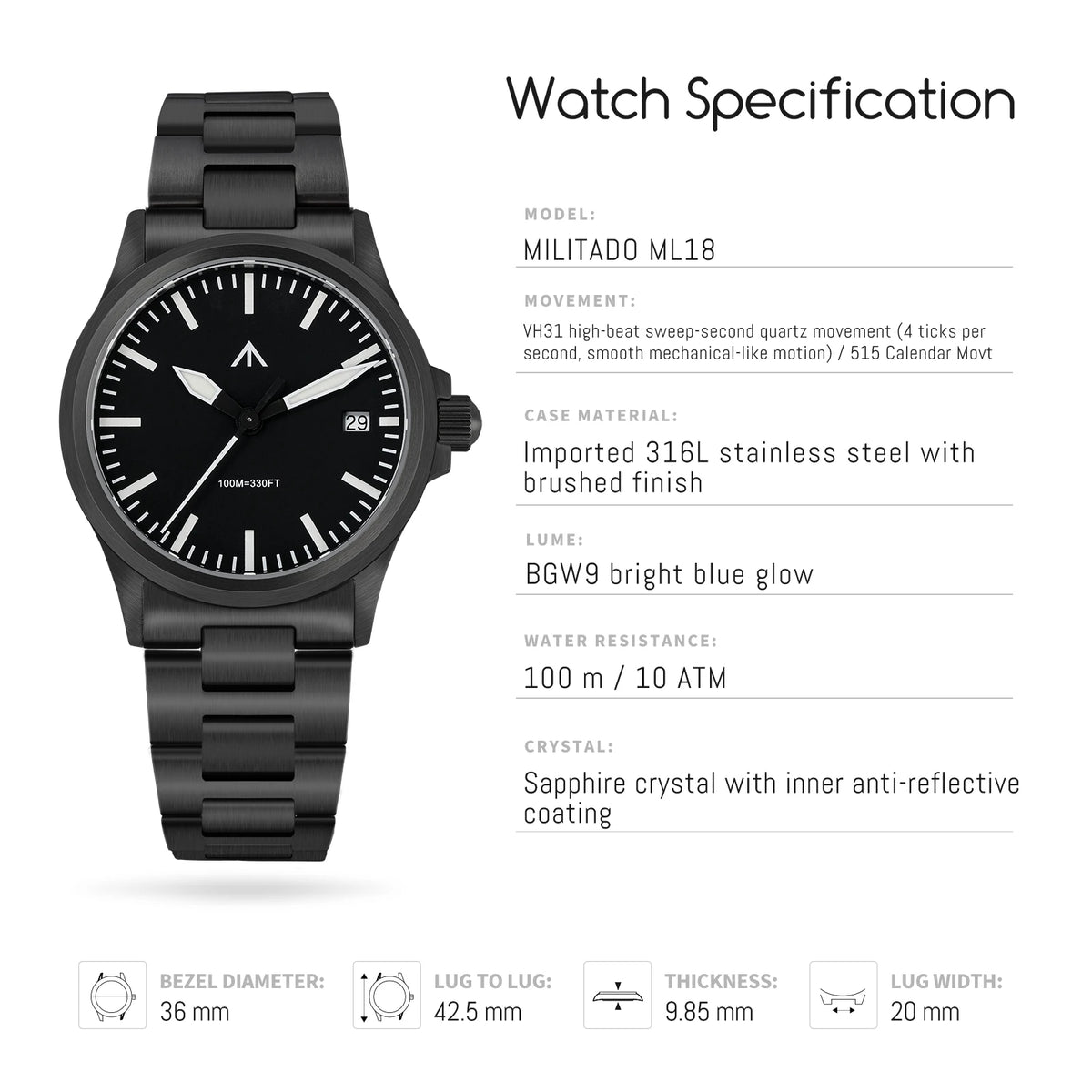 MILITADO ML18 Quartz PVD 316L Steel Sapphire VH31 Sweep Second Movement Sapphire BGW9 Lume 100M Waterproof Men Wristwatch