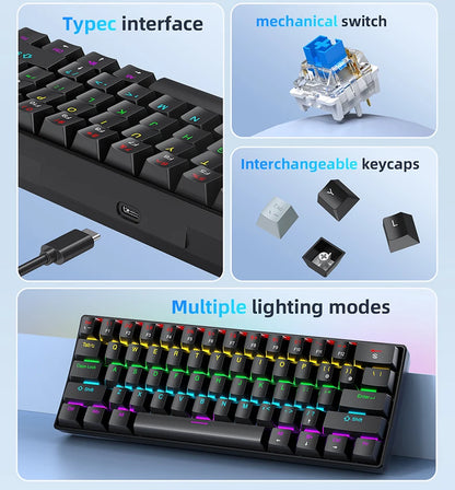 APAYADO K61 60% mini laidinė mechaninė žaidimų klaviatūra Phantom RGB, 61 klavišas, raudoni / mėlyni jungikliai, ergonomiška, nešiojama, skirta PC / nešiojamajam kompiuteriui