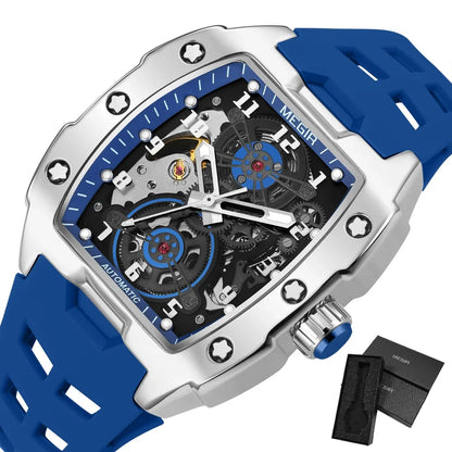 MEGIR Fashion Sport Alloy Case Men Mechanics Watch Waterproof Silicone Band Barrel Shaped Dial Luminous Pointer Man Wristwatches