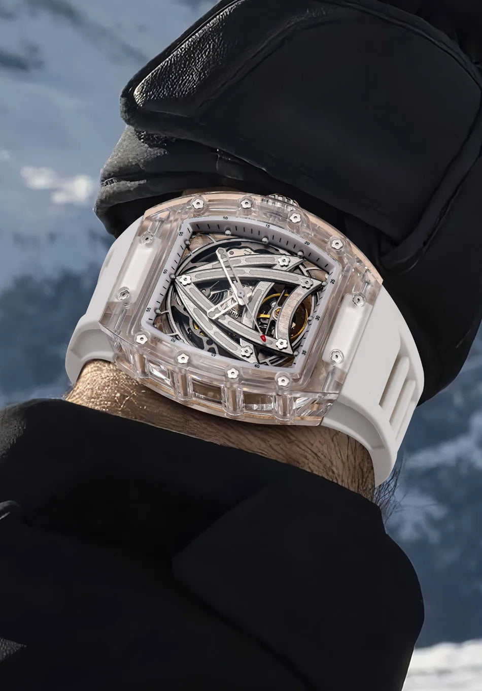 PINDU Designer Hollow Tonneau Mechanical Watch Men Luxury Brand Skeleton Automatic Watches Mens Sport Silicone Wristwatch JH3105