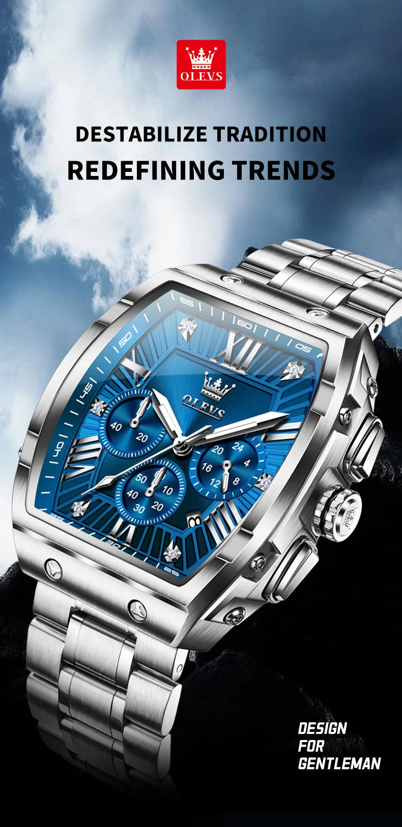OLEVS New Design Tonneau Watch Men Luminous Waterproof Date Stainless Steel Chronograph Quartz Watches for Men Relogio Masculino