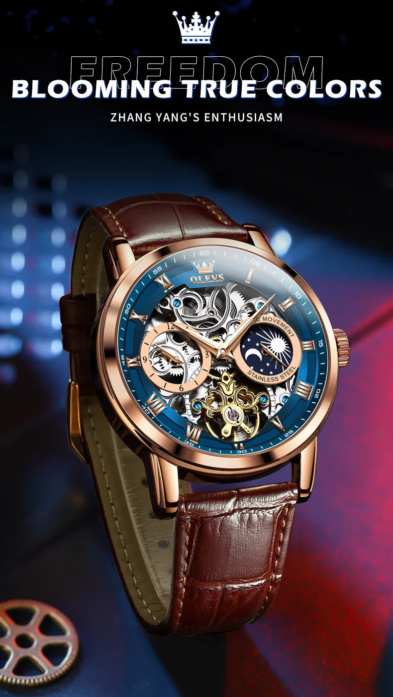 OLEVS Top Brand Men's Skeleton Mechanical Watch, Waterproof Leather Strap, Moon Phase, Automatic Tourbillon Wristwatch