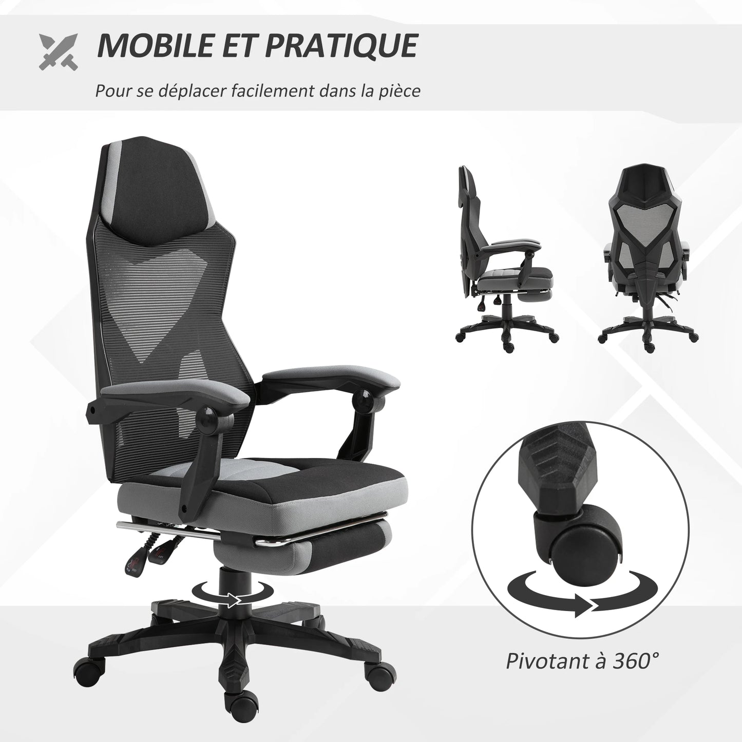 Ergonomic Gaming Office Chair, Grey & Black, Adjustable Height, 360° Swivel,MeshFabric, High-Density Foam, Easy Assembly,