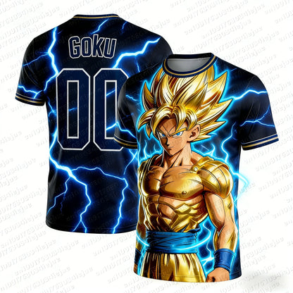 2026 Summer Dragon Ball Goku Golden Super Saiyan #00 Soccer Jersey, 3D Lightning Print Breathable Oversized Tee for Unisex Kids