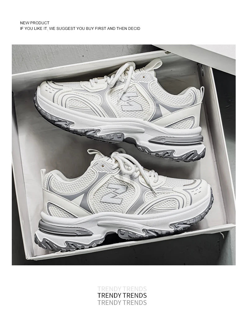 Unisex Trendy Chunky Dad Sneakers Silver Black Retro Couple Breathable Mesh Casual Platform Shoes