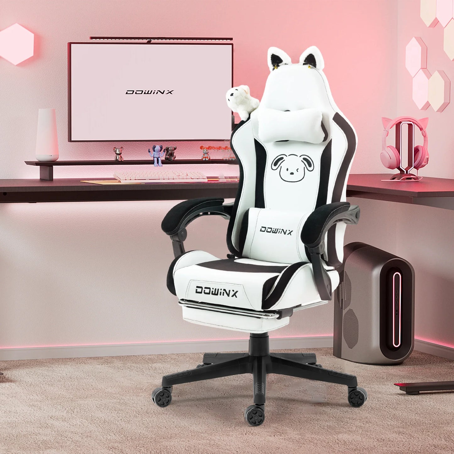 Cute Gaming Chair with Cat Ears, Pink Kawaii Ergonomic Gamer Chair with Footrest, Cat Paw Lumbar Support, High Back Computer Gaming Chair
