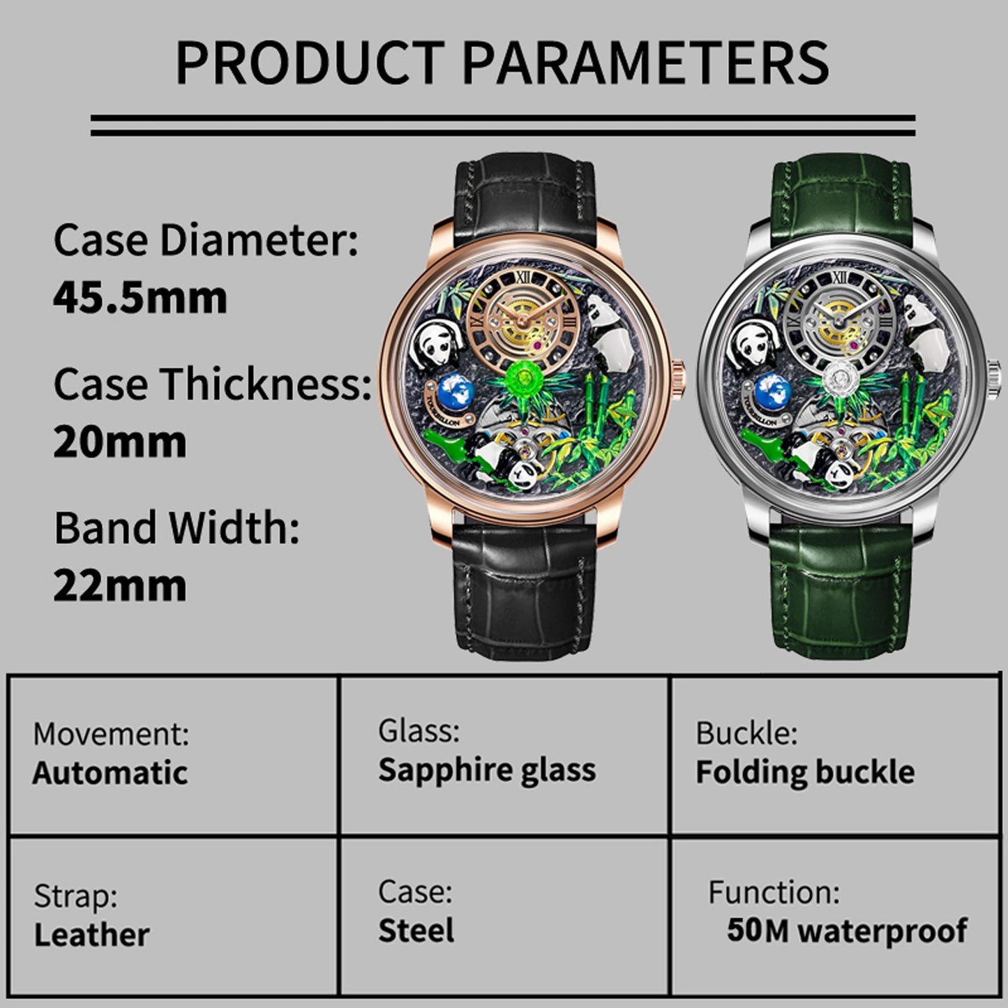 PINDU Panda National Treasure Series Mechanical Watch Men M2791B Movement Sapphire Mirror Waterproof Automatic Mechanical Watch