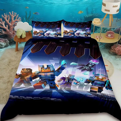 Funda nórdica infantil de dibujos animados Minecraft, juego de ropa de cama con funda de edredón, tamaños Queen, King y Full, con 1/2 fundas de almohada para dormitorio