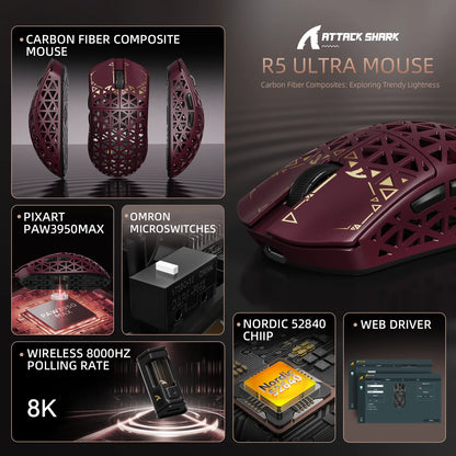 ATTACK SHARK R5 Ultra anglies pluošto belaidė žaidimų pelė, PixArt PAW3950MAX žaidimų jutiklis, 42000DPI, 8000Hz, MCU Nordic 52840