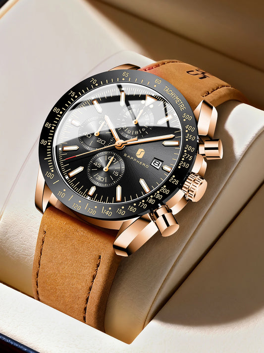 SAPPHERO Men Chronograph Watch High Precision Quartz Movement Blue Dial Date Display 50M Waterproof Luxury Sport Wristwatch Gift