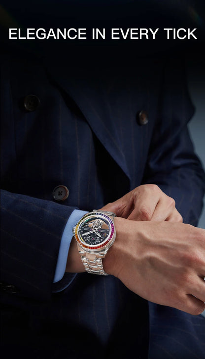 BONEST GATTI luxury Full Skeleton Automatic Mechanical Watch Sapphire Back 48 Rainbow Diamonds Luminous Luxury Wristwatch Men