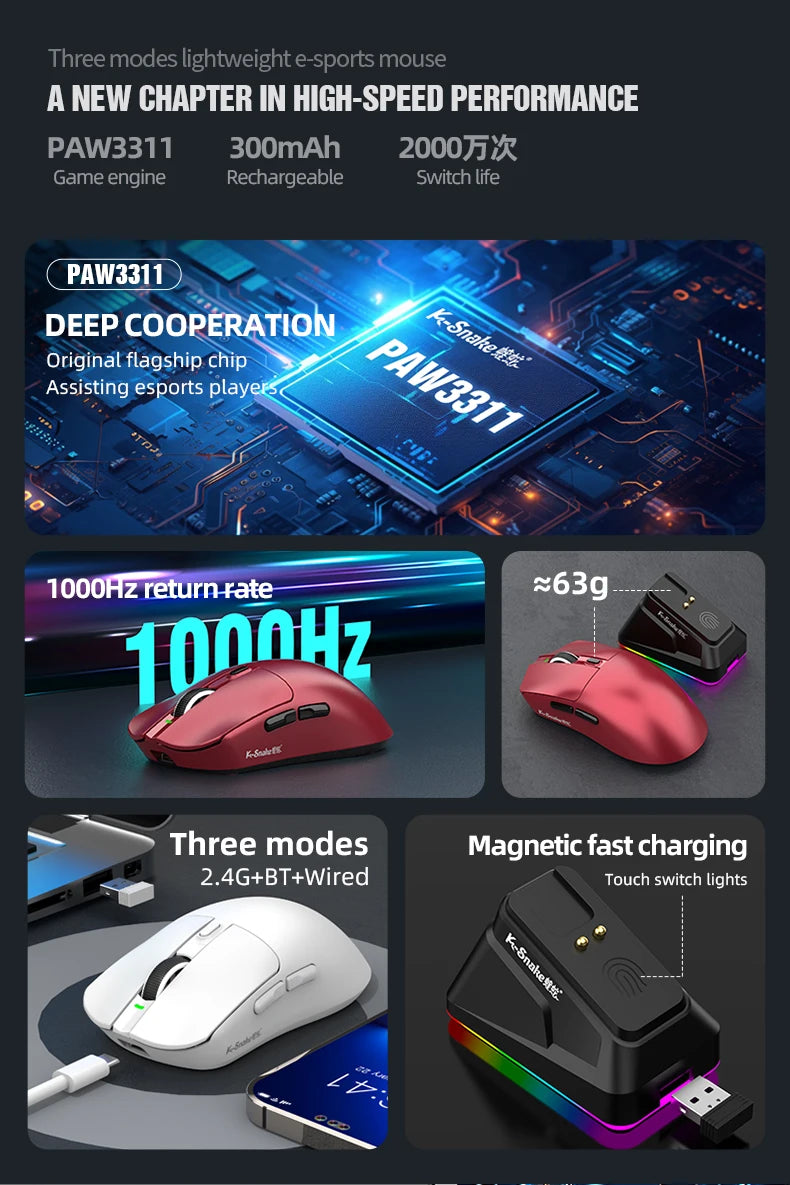 K-Snake X11 Bluetooth Wireless Gaming Mouse, Tri-Mode RGB Rechargeable Mouse with PAW3311 Sensor, 12000 DPI Magnetic Charging Gaming Mouse for PC, Laptop & Office