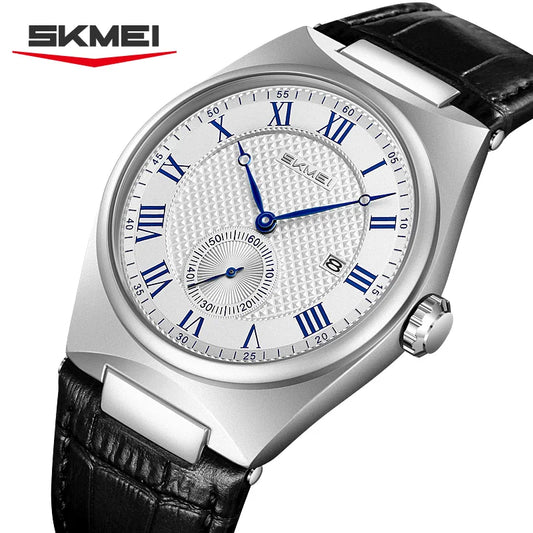 SKMEI 9390 Elegant Men's Quartz Watch Roman Scale Calendar Waterproof Leather Strap Casual Business Watches for Man Reloj Hombre