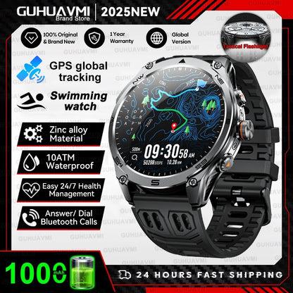 2026 New Military GPS Smart Watch 1000Mah Battery Compass IP68 Waterproof Tactics Sport Flashlight BT Call Smart Watch For Men