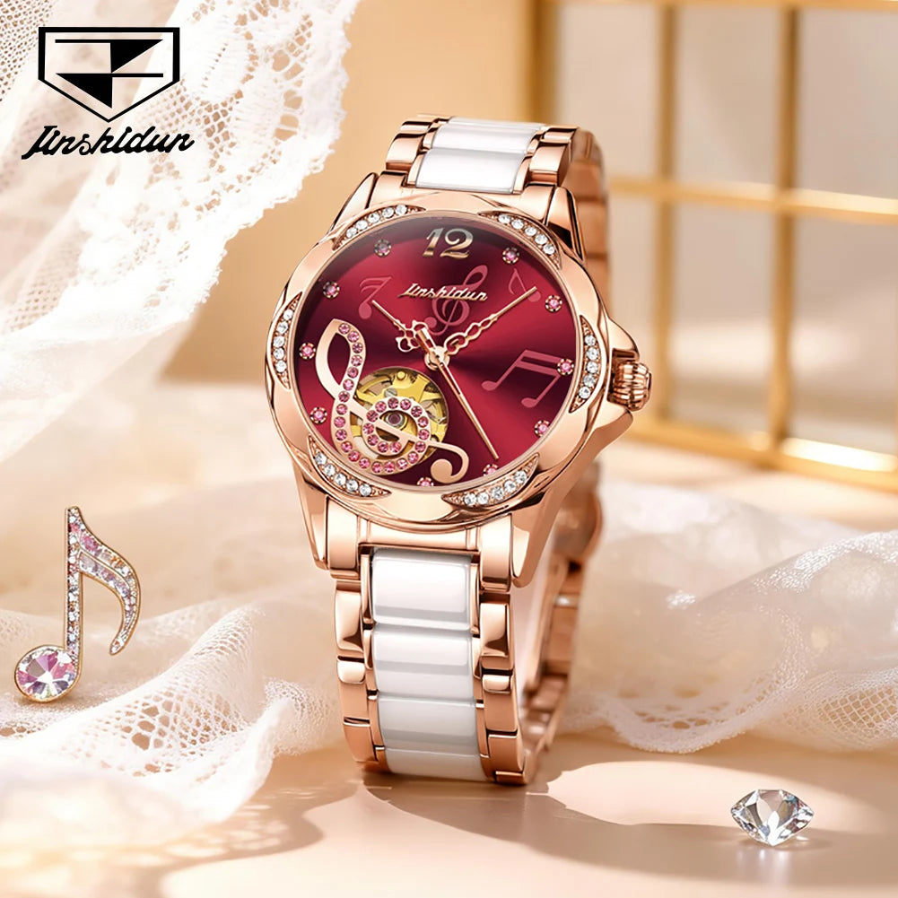 JSDUN 8820 Women Watches Mechanical Watch Luxury Elegant Original Watch Ceramics Strap Waterproof Luminous Ladies Watch Gift Box