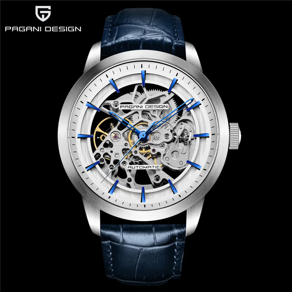 PAGANI DESIGN 2026 New Skeleton Men's Mechanical Watches Top Luxury Automatic Watch Men Blue Leather Waterproof Wrist watch Men