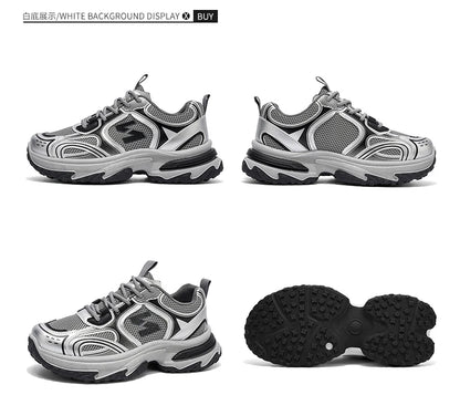Unisex Trendy Chunky Dad Sneakers Silver Black Retro Couple Breathable Mesh Casual Platform Shoes
