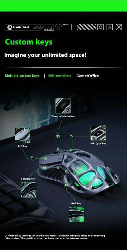 New GravaStar M1 M2 Wireless Magnesium Alloy Gaming Mouse PAW3395 4K 26000DPI Bluetooth 2.4G Wired Hollow Design Gamer Mouse