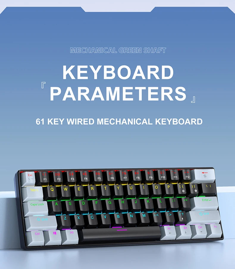 APAYADO K61 60% mini laidinė mechaninė žaidimų klaviatūra Phantom RGB, 61 klavišas, raudoni / mėlyni jungikliai, ergonomiška, nešiojama, skirta PC / nešiojamajam kompiuteriui