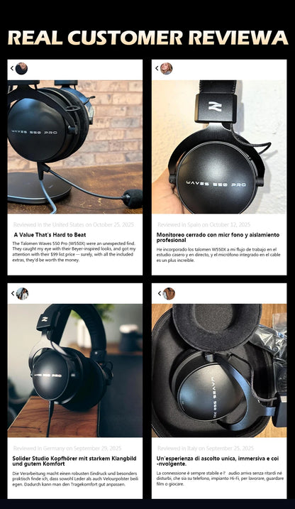 Cuffie da studio TALOMEN W550x – Cuffie monitor DJ professionali cablate over-ear con driver da 50mm e cavo rimovibile