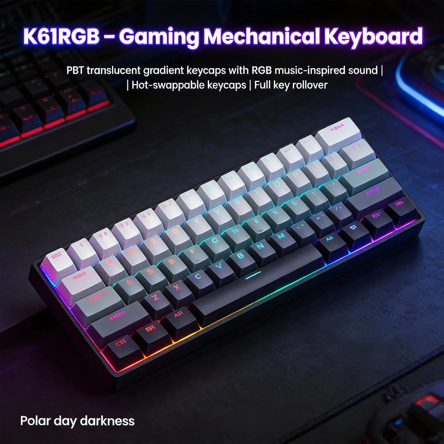 Tastiera meccanica portatile cablata K61, Phantom RGB colorata, risposta di livello gaming, design ergonomico, adatta al gaming e all’ufficio
