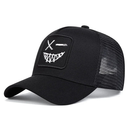 Czapki z daszkiem typu „trucker” unisex z haftem przedstawiającym uśmiechniętą twarz z zębami, z siateczką baseballową, na wiosnę i lato, chroniące przed słońcem, z regulowanym paskiem, na co dzień