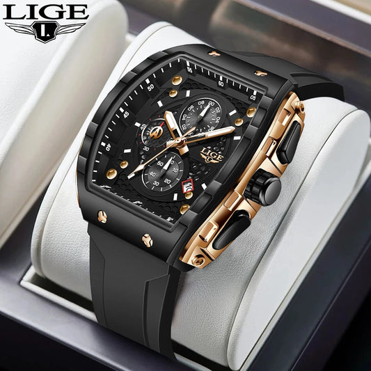 LIGE Herren-Armbanduhr, modisch, luxuriös, wasserdicht, Silikonarmband, Quarz, leuchtend, sportlich, automatisches Datum, Chronograph, schlichtes Design