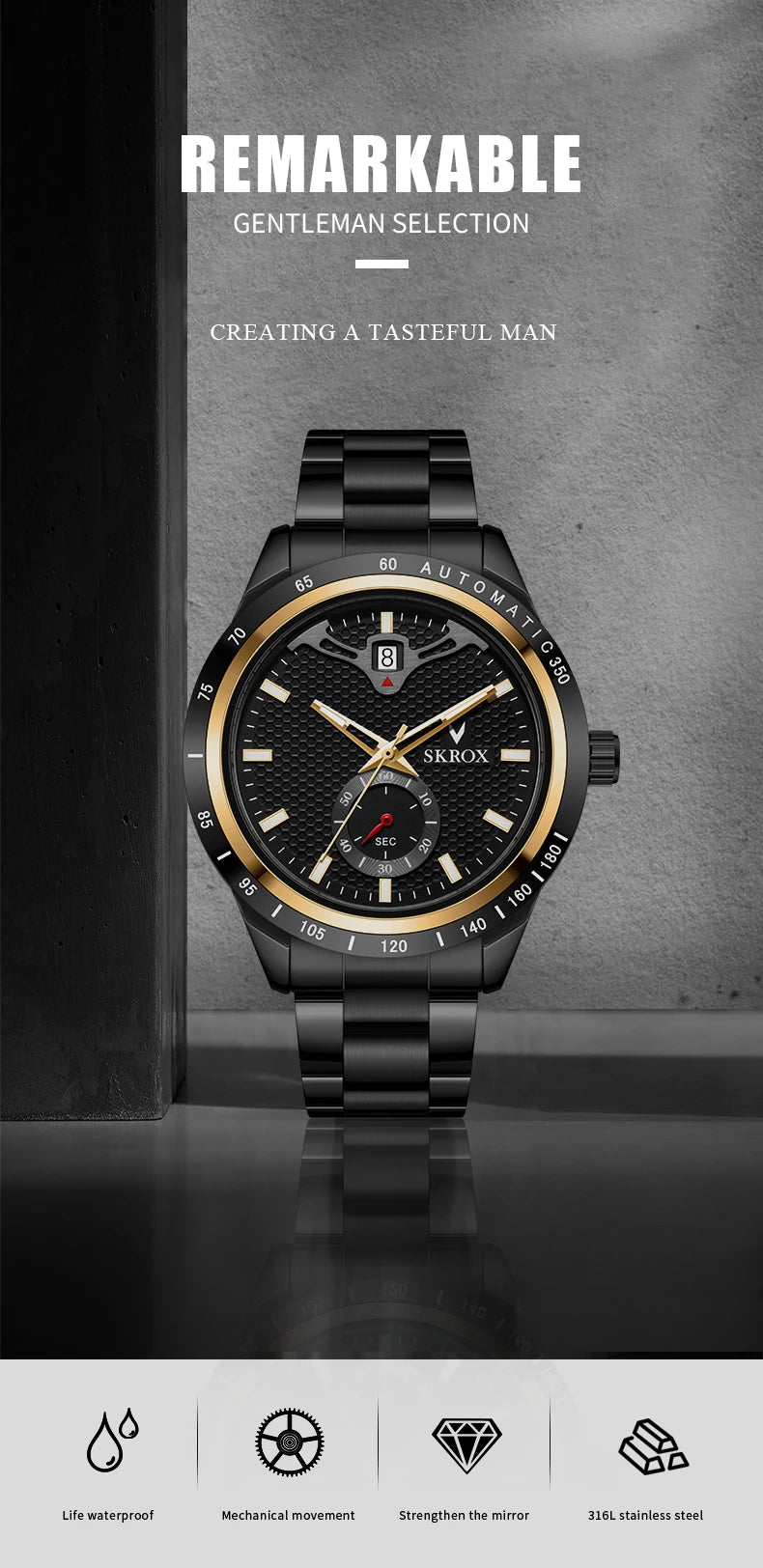 SKROX Luxury Sapphire Stainless Steel Automatic Movement Mechanical Clockwork Man Watch Military Waterproof Men's Wrist Watches
