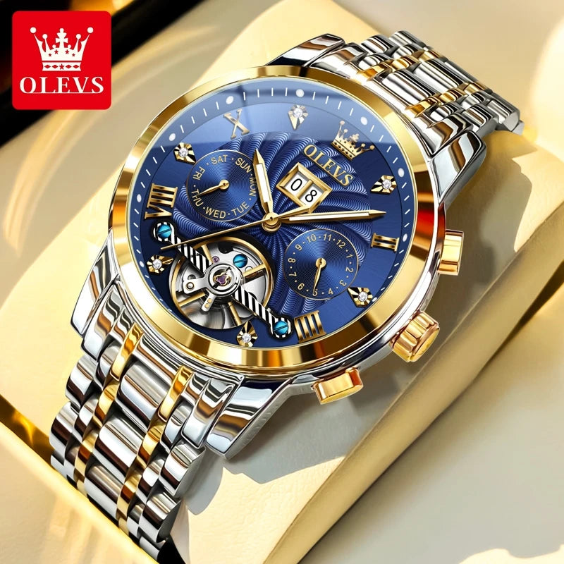 OLEVS 9910 Original Men's Automatic Mechanical Watch Luxury Skeleton Stainless steel Waterproof Luminous Watches