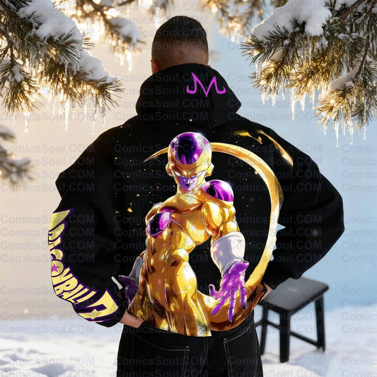 Conjunto de sweatshirt com capuz preta Dragon Ball Z Frieza Forma Dourada, estampado nas costas com efeito de energia roxa, sweatshirt de algodão com design de logótipo M