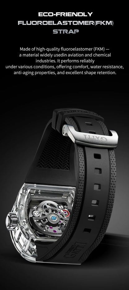 BONEST GATTI Automatic Movement Tourbillon Mechanical Wristwatch Crystal Case Luminous Watch Fluororubber Strap Watches for Men