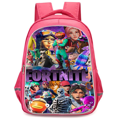 Mochila Fortnite Cartoon vermelha de 16" unissexo com fecho duplo, grande capacidade, mochila escolar para crianças, meninos e meninas dos 5 aos 8 anos
