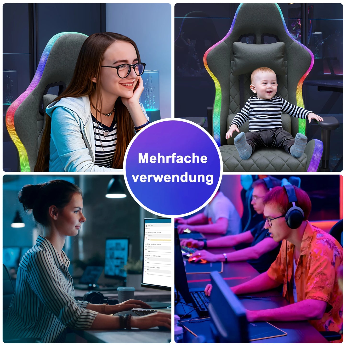 LED Gaming Chair Ergonomic Office Chair with Massage Function, RGB Gaming Chair, Adjustable Reclining Backrest 90°-135°, Height Adjustable Gaming Chair for Adults up to 150kg