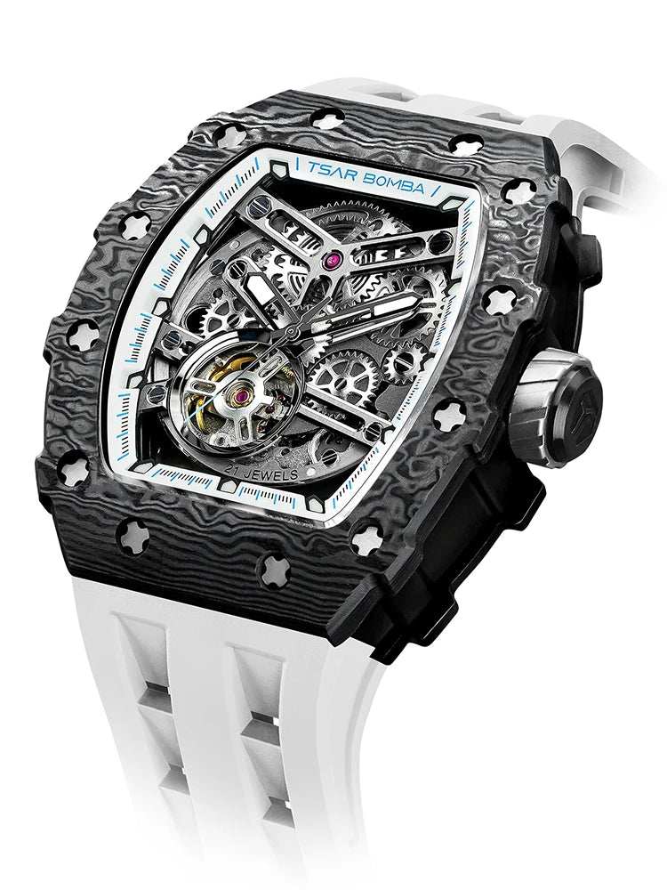TSAR BOMBA Carbon Fiber Automatic Mechanical Watch for Men Waterproof Skeleton Mens Watches Top Brand Luxury Wristwatches