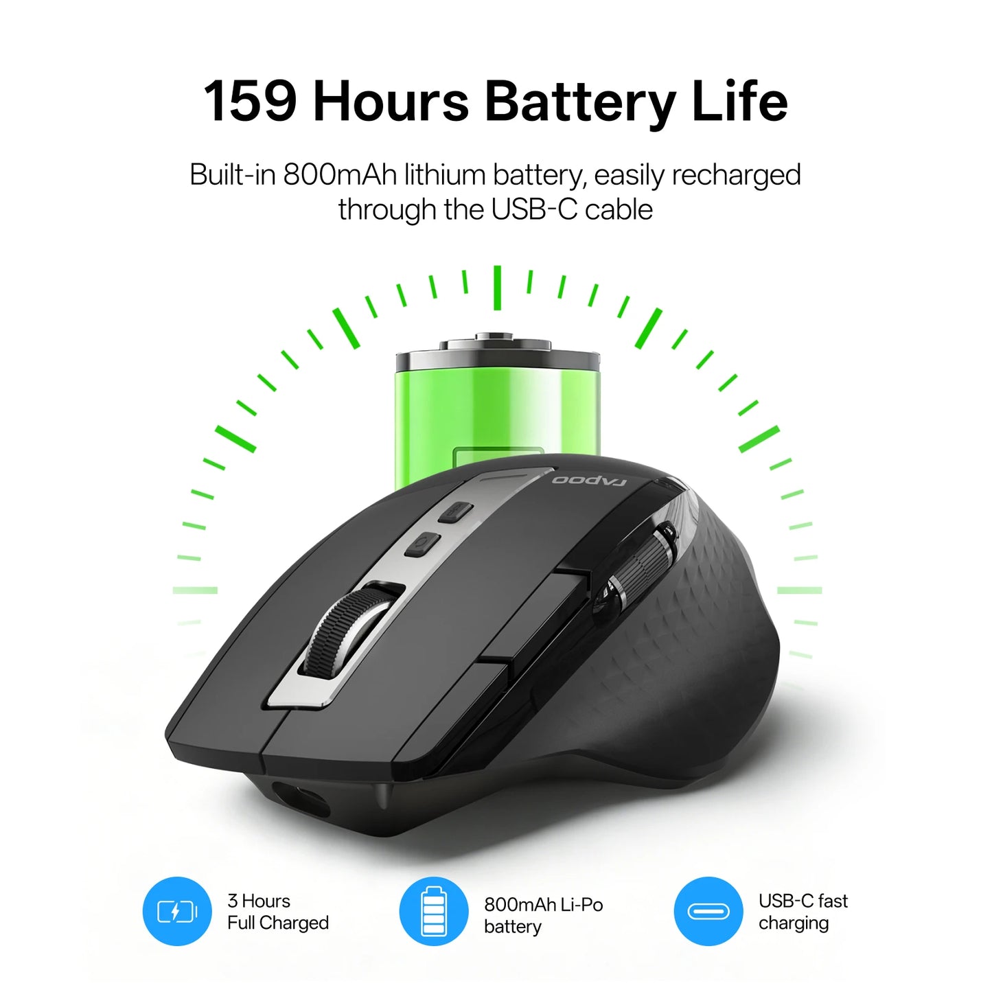 Rapoo New MT710L Multi-mode Rechargeable Wireless Bluetooth Mouse Ergonomic 4000 DPI Support Up to 4 Devices Office Mice