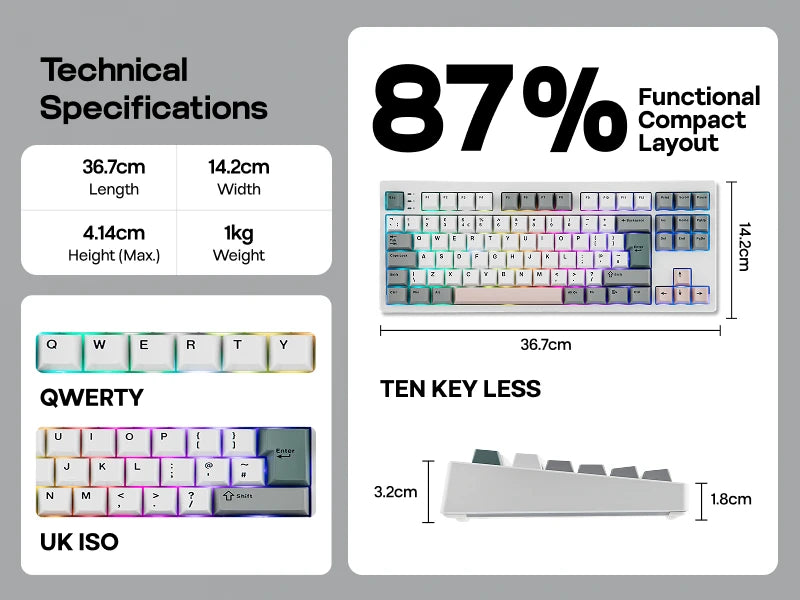 ISO-UK-Layout EPOMAKER TH87 TKL-Layout kabelgebundene/BT/2.4Ghz kabellose mechanische NKRO-Tastatur mit 10000mAh-Akku & RGB-Beleuchtung