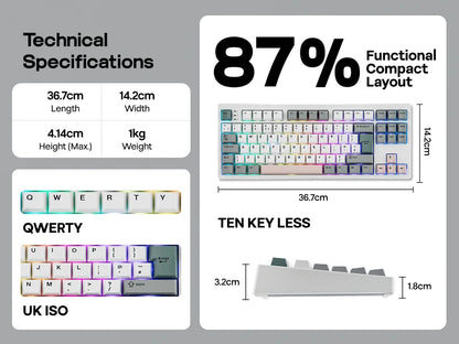 ISO-UK-Layout EPOMAKER TH87 TKL-Layout kabelgebundene/BT/2.4Ghz kabellose mechanische NKRO-Tastatur mit 10000mAh-Akku & RGB-Beleuchtung