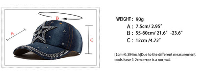 Y2K Pentagram Denim Cloth Baseball Cap Women Fashion Vintage Snapback Men Female Hip hop Shiny Rhinestone Hat For Spring Autumn