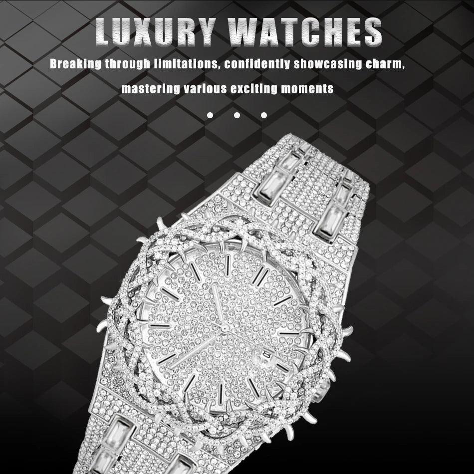 Luxury Full Diamond Men's Quartz Watch Thorn Bracelet Hip Hop Style Date Display with Luminous Function Men business Wristwatch