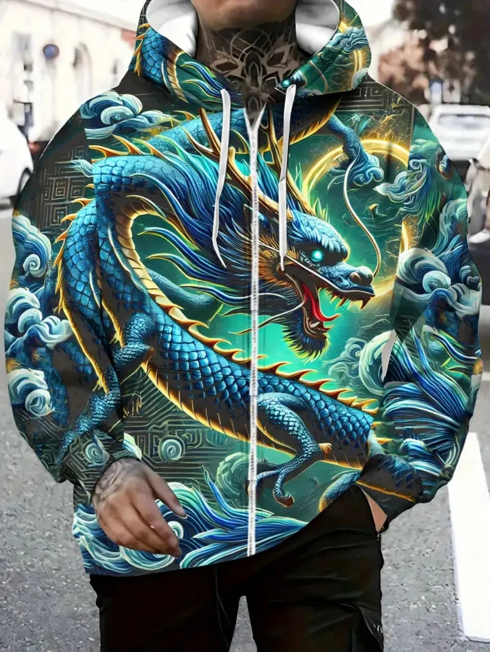Sweatshirt com capuz e fecho de correr para homem, com estampado de dragão, cordão ajustável, manga comprida, corte oversize, para atividades ao ar livre e viagens, outono/inverno