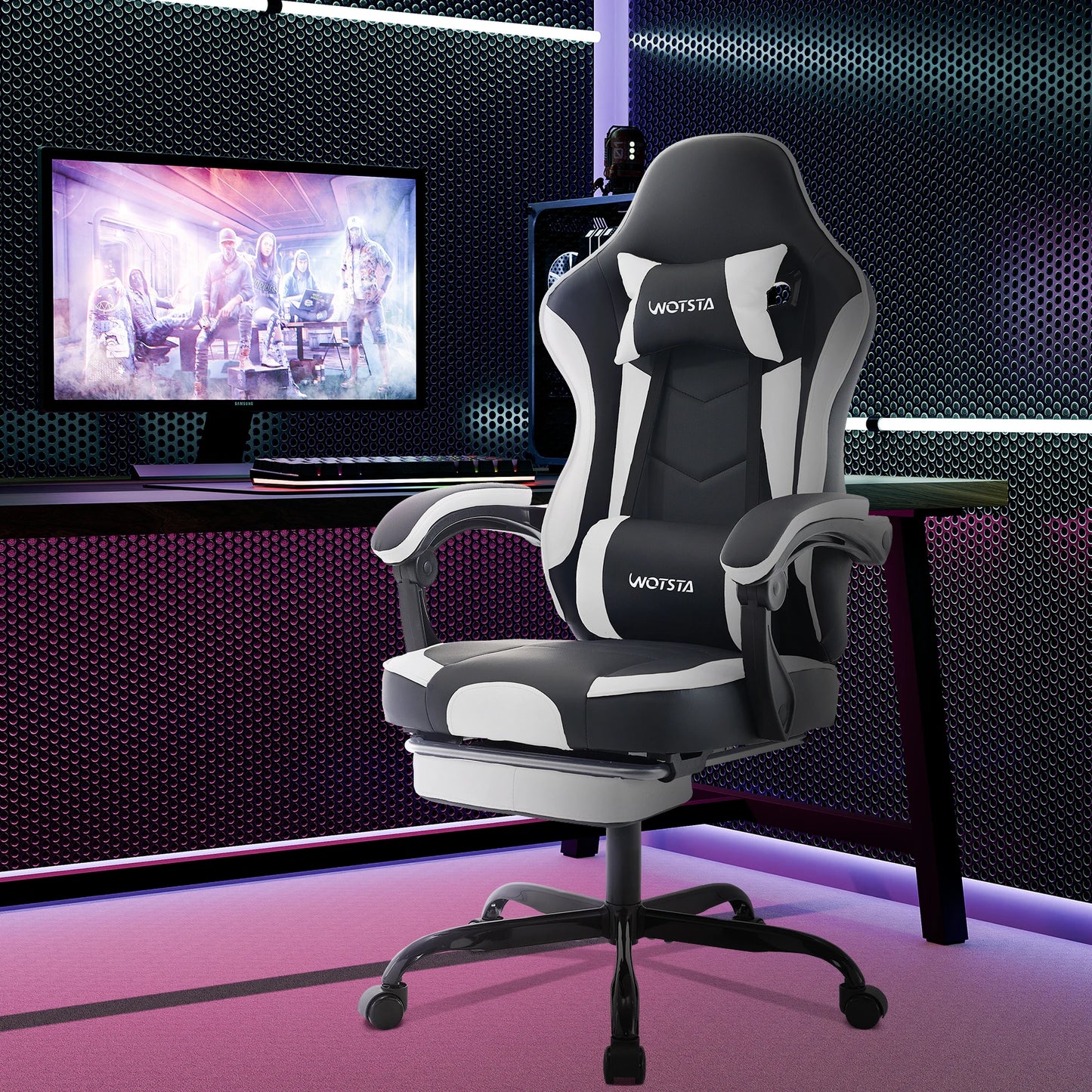 Sedia da gaming WOTSTA con poggiapiedi, sedia gamer ergonomica con cuscino lombare e poggiatesta, sedia per computer regolabile in altezza