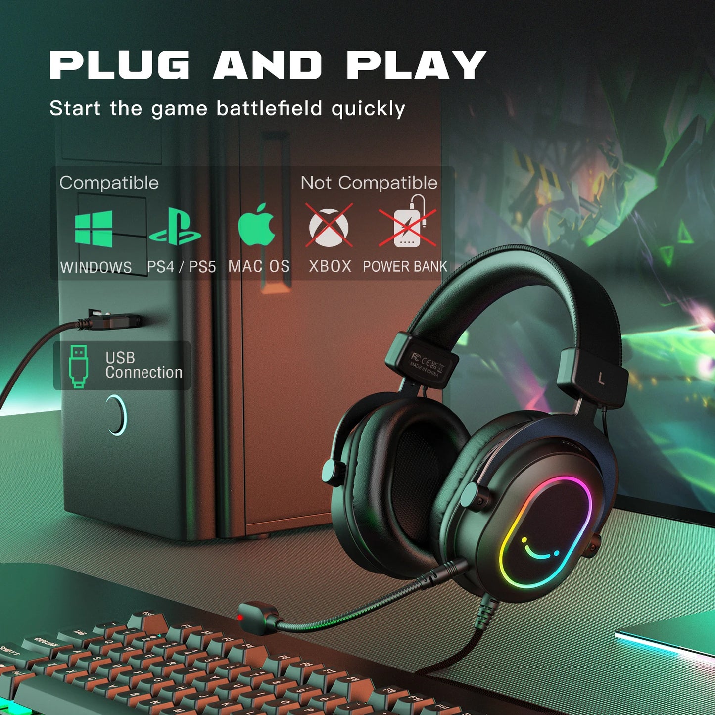 Cuffie gaming RGB FIFINE con microfono – cuffie cablate over-ear con suono surround 7.1 per PC, PS4 e PS5, con 3 modalità EQ