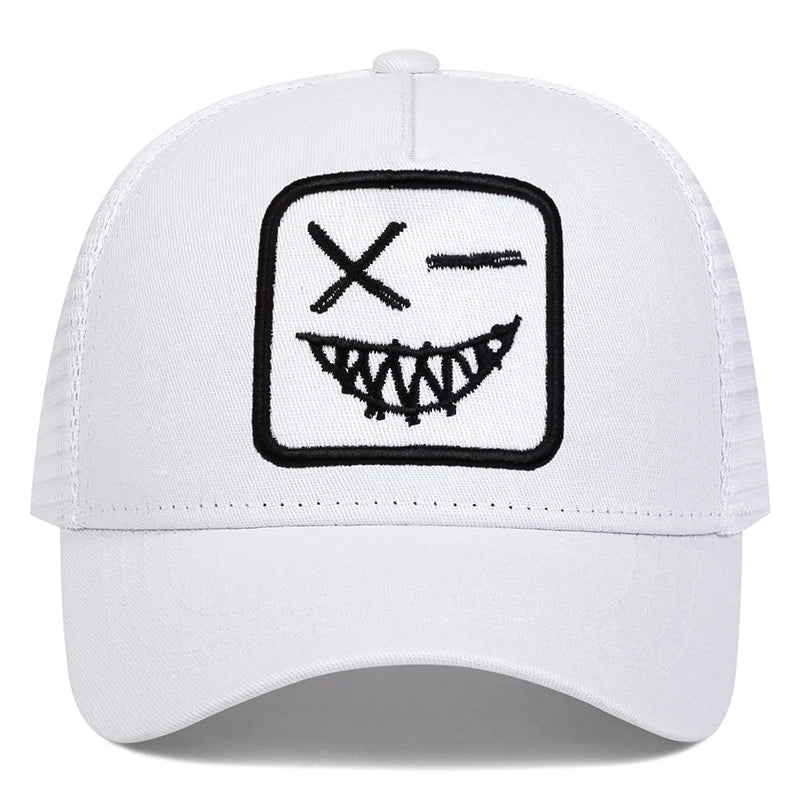 Czapki z daszkiem typu „trucker” unisex z haftem przedstawiającym uśmiechniętą twarz z zębami, z siateczką baseballową, na wiosnę i lato, chroniące przed słońcem, z regulowanym paskiem, na co dzień