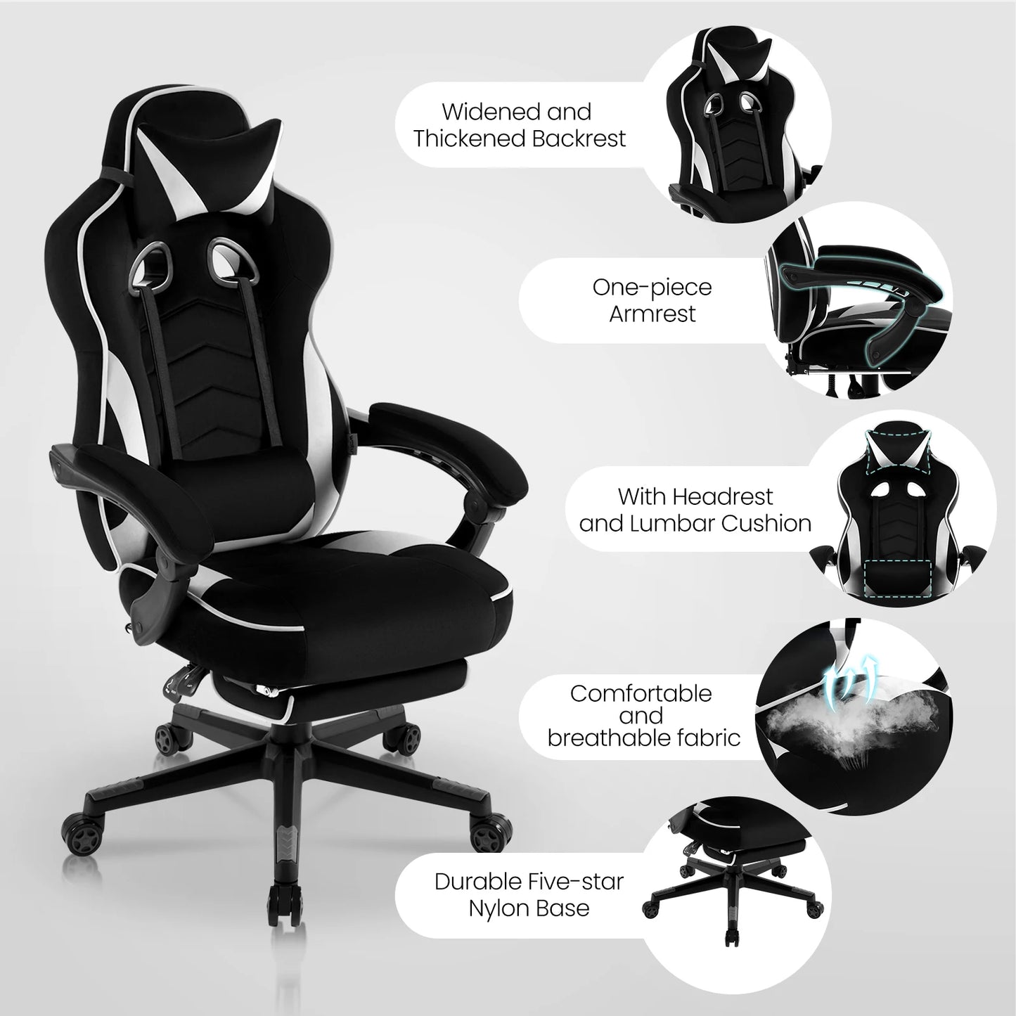 WOLTU Gaming Racing Chair Ergonomic Swivel Computer Chair with Footrest, Lumbar Support, Headrest, Adjustable Gamer Office Chair