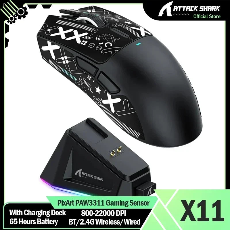 ATTACK SHARK X11 Wireless Gaming Mouse with Charging Dock, PAW3311 Sensor, 22,000 DPI, Tri-Mode Bluetooth 2.4G & Wired Gaming Mouse
