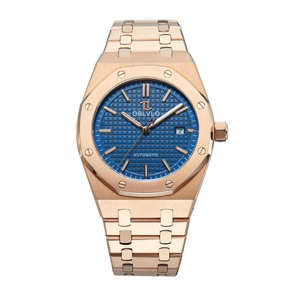 OBLVLO TM-ASP Luxury Men's Watch 41mm Blue Dial Rose Gold Automatic Luminous Waterproof Mechanical Casual Business Watch