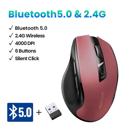 Rato sem fios UGREEN Bluetooth 5.0 ergonómico, 4000DPI, 6 botões silenciosos, para MacBook, tablet, portáteis, computador e PC, rato 2.4G